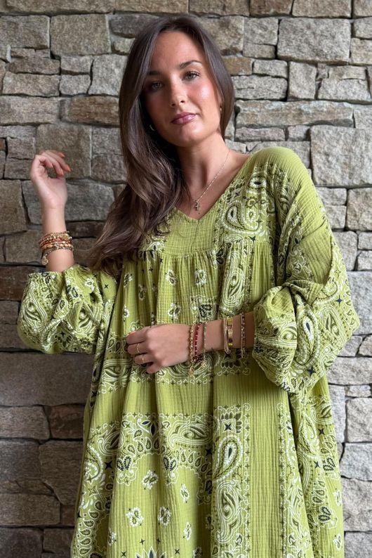 Kasbah Bubble Cotton Bandana Peasant Dress Olive